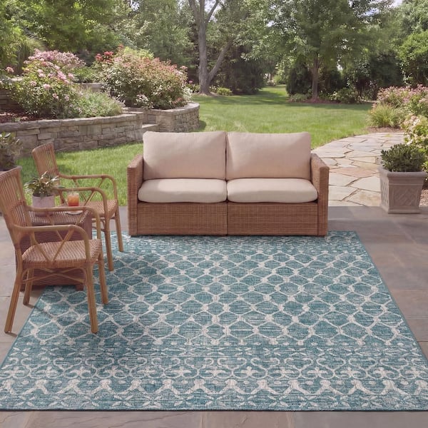 Courtyard Teal/Gray 8 ft. x 11 ft. Distressed Border Trellis Indoor/Outdoor Area Rug