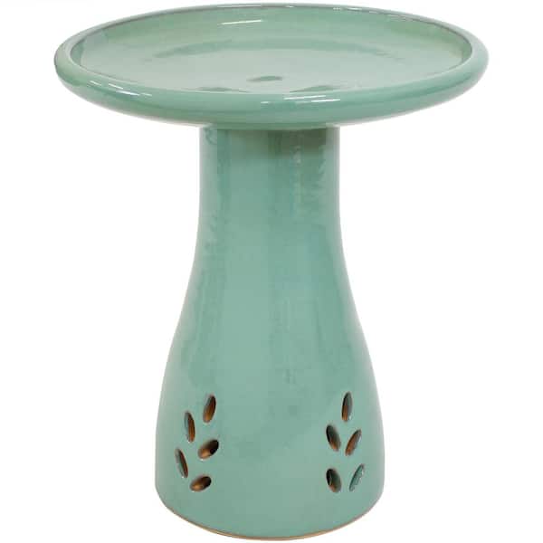 Classic Seafoam Ceramic Outdoor Bird Bath, UV/Frost Resistant