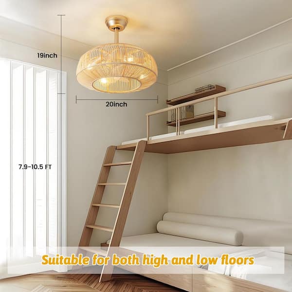 20 in. Indoor Rattan Chandelier Gold Boho Caged LED Ceiling Fan with Light and Remote Control 6-Speed Reversible Motor