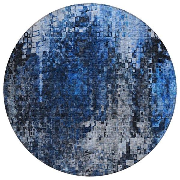 HomeRoots Navy Blue, Denim Blue 8 ft. Round Woven Abstract Polyester Round Indoor/Outdoor Area Rug