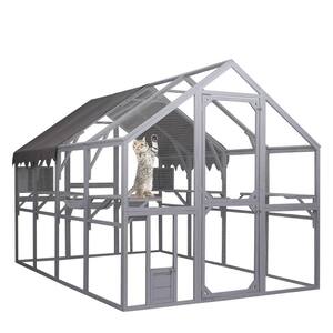 111in.Dx 75in.Wx74in.H Large Wooden Outdoor Cat House and Cat Run Enclosure Catio Kitten Condo with Entry Door&Roof Gray
