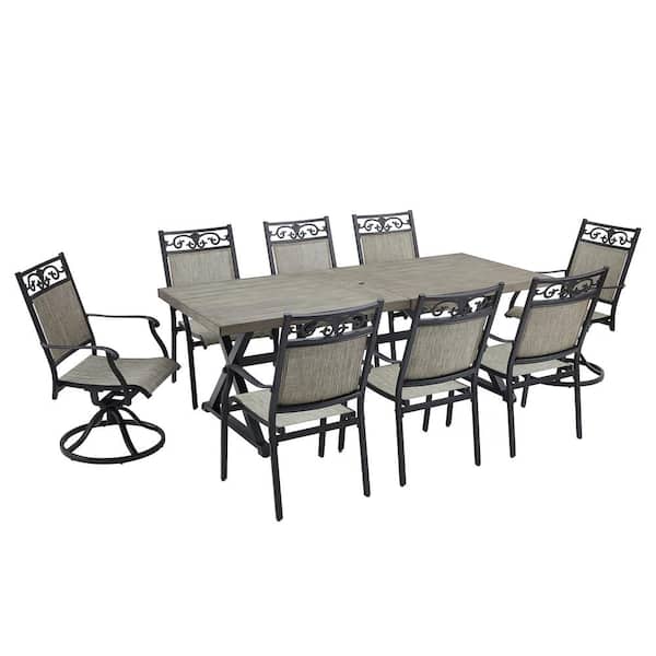 ULAX FURNITURE 9-Piece Cast Aluminum Outdoor Dining Set with 6 Stackable Chairs, 2 Swivel Chairs and Table