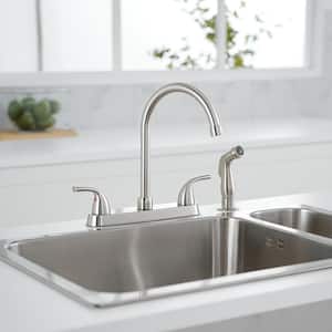 Double Handles 4 Holes Standard Kitchen Faucet Sink With Side Sprayer in Brushed Nickel