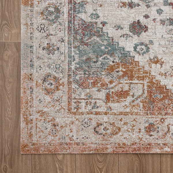 Anamica Distressed Beige/Cream 7 ft. 9 in. x 9 ft. 9 in. Turkish Bordered Polypropylene Indoor/Outdoor Area Rug