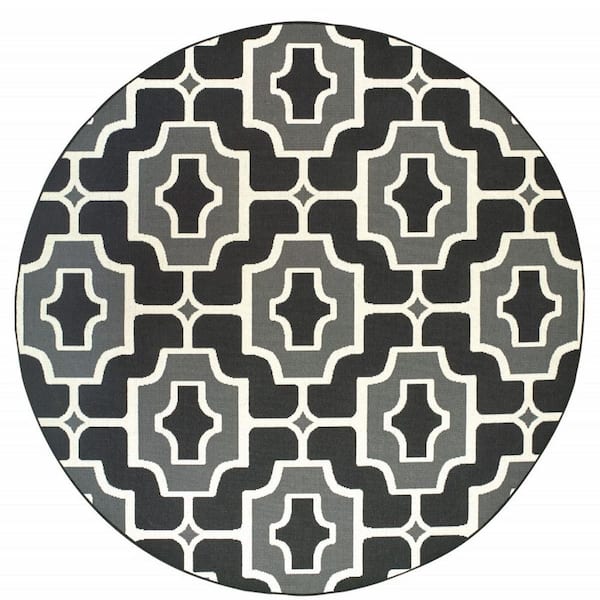 Black, Gray 8 ft. x 8 ft. Loomed Geometric Polypropylene Round Indoor/Outdoor Area Rug