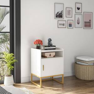 1-Drawer White and Gold Nightstand with Storage Shelf, 26.77" Tall Side Table Bedside Cabinets for Bedroom