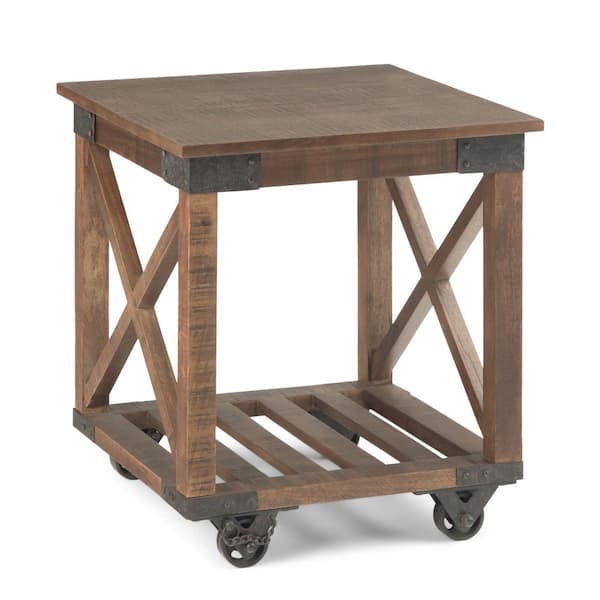 Simpli Home Harding Solid Mango Wood and Metal 20 in. Distressed Dark Brown Wide Square Industrial End Table