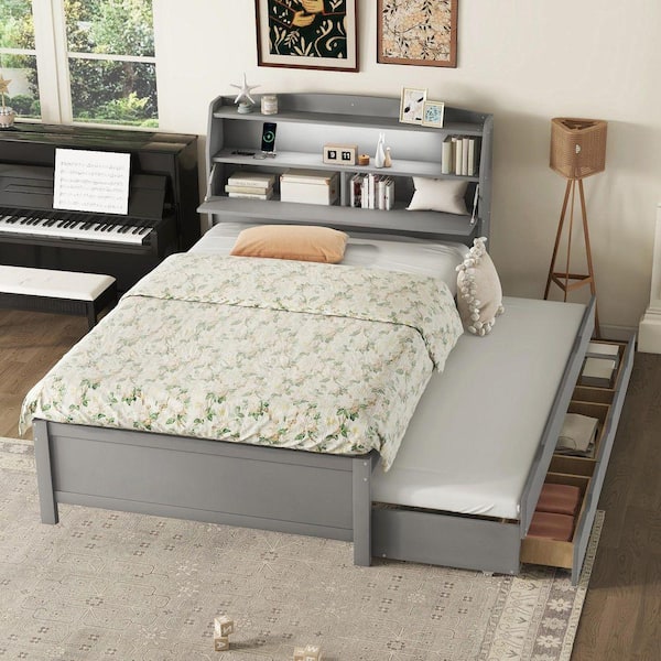Nestfair Gray Wood Frame Full Size Platform Bed with LED, Drawers