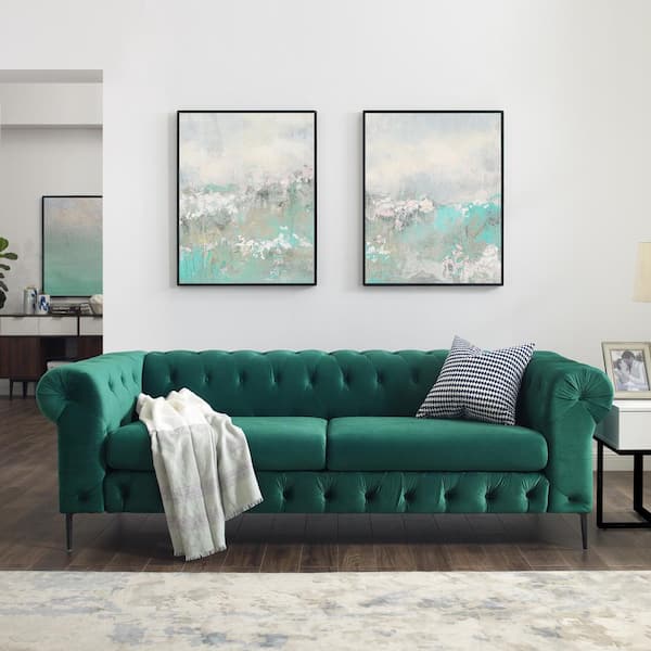 MINIMORE Emily 90.5 in. W Rolled Arm Velvet Mid-Century 3-Seat Straight Sofa with Metal Legs in Green