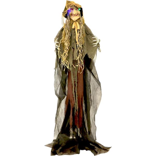 Haunted Hill Farm 6 ft. Scarecrow Witch, Indoor/Covered Outdoor Halloween Decoration, LED Multi Eyes, Poseable, Battery-Operated, Helena