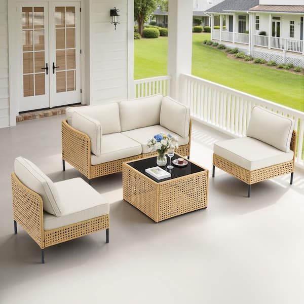 Buenaola Nyajiah 5-Piece Yellow Wicker Outdoor Sectional Set with Beige Cushions, Freely Combined Chair Set