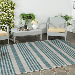 Courtyard Gray/Blue 7 ft. x 10 ft. Striped Indoor/Outdoor Patio  Area Rug