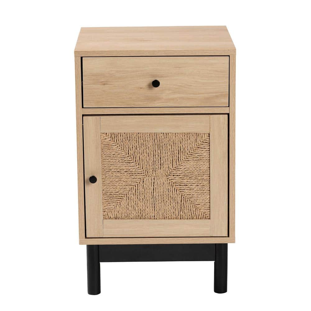 Light Brown Wood Accent Table with Woven Storage