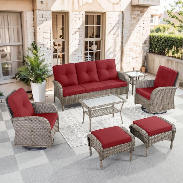 SleekArm 7-Piece Gray Wicker Patio Conversation Set with Olefin Red Cushion and Outdoor Swivel Glider Chairs