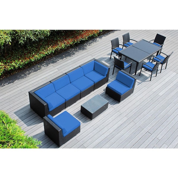 Ohana Depot Ohana Black 14-Piece Wicker Patio Conversation Set with Stackable Dining Chairs and Supercrylic Blue Cushions