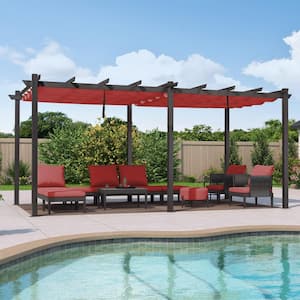 12 ft. x 18 ft. Gray Aluminum Frame Outdoor Patio Pergola with Red Retractable Sun Shade Canopy for Porch Garden Beach