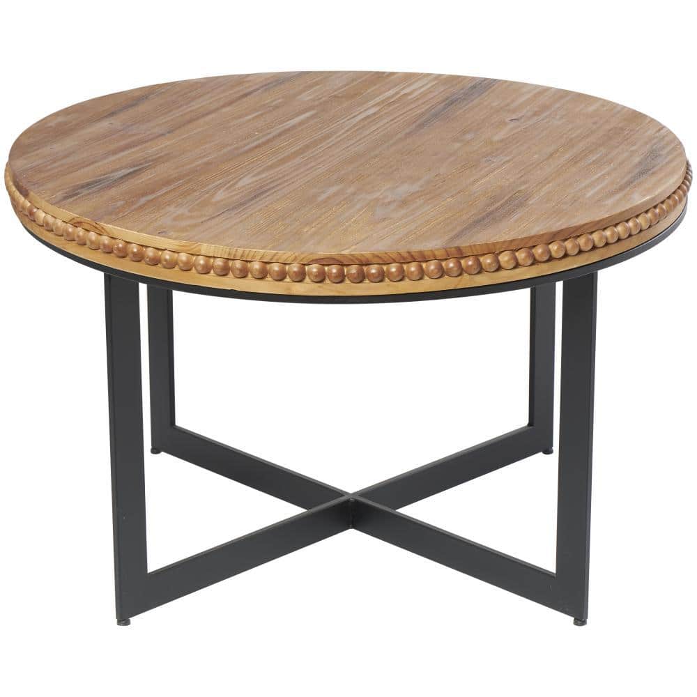 Beaded Edge Brown Wood Round Coffee Table with Metal Accents