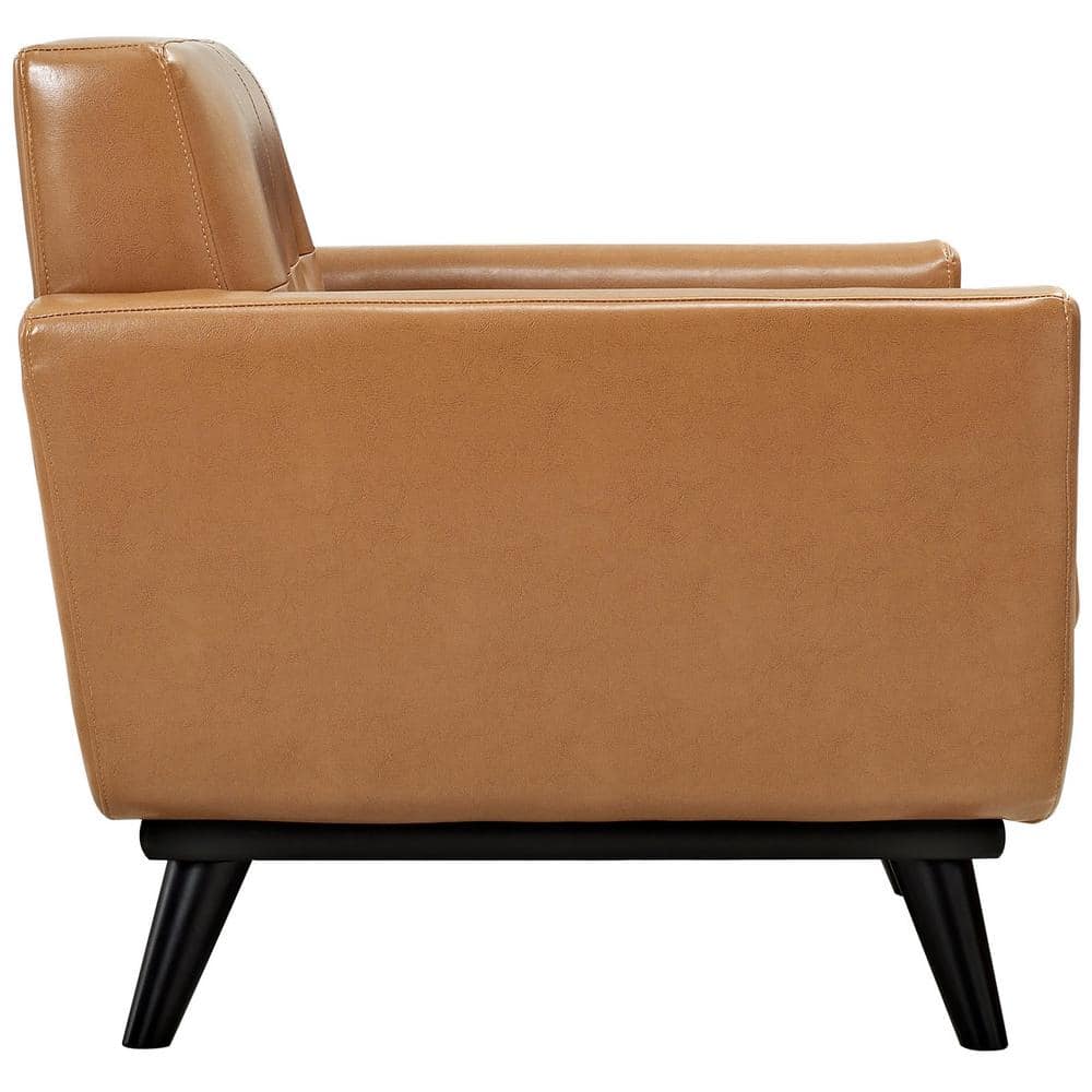 Mid-Century Tan Leather Accent Chair with Rubberwood Legs