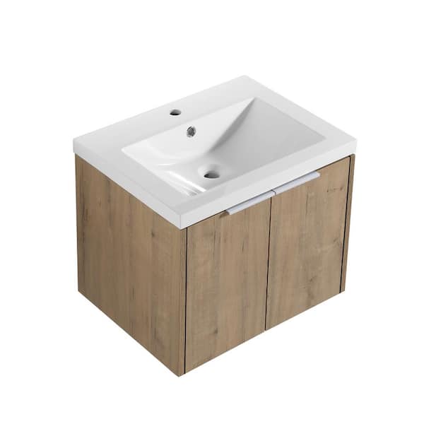 23.60 in. W x 18.10 in. D x 19.30 in. H Floating Wall-Mounted Bath Vanity in Imitative Oak with White Resin Top