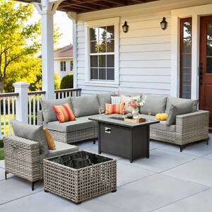 Holston 8-Piece Wicker Modern Outdoor Patio Conversation Sofa Sectional Set with a Metal Fire Pit and Dark Grey Cushions