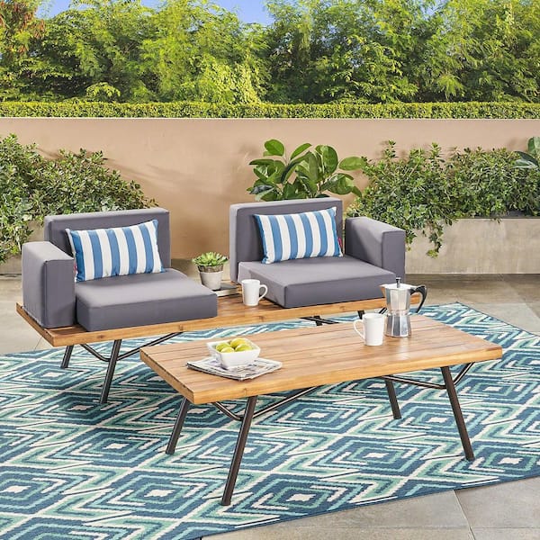 Wood Metal Outdoor Industrial Loveseat with Grey Cushions and Coffee Table