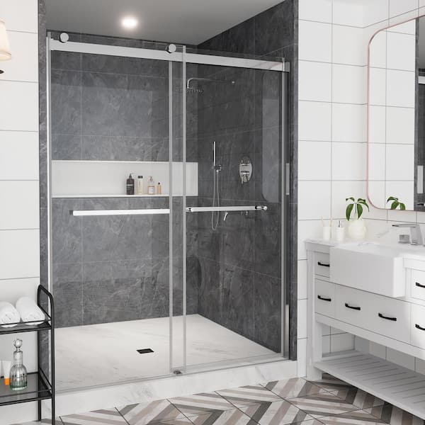 60 in. W x 76 in. H Double Sliding Frameless Shower Door in Chrome Finish with Clear Glass