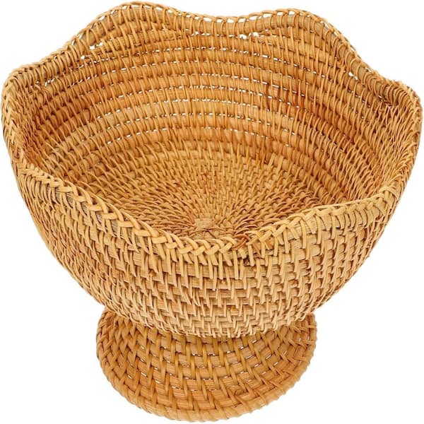 10 In. Rattan Woven Footed Fruit Bowl Round Pedestal Basket for Kitchen Counter Table Centerpiece Decor