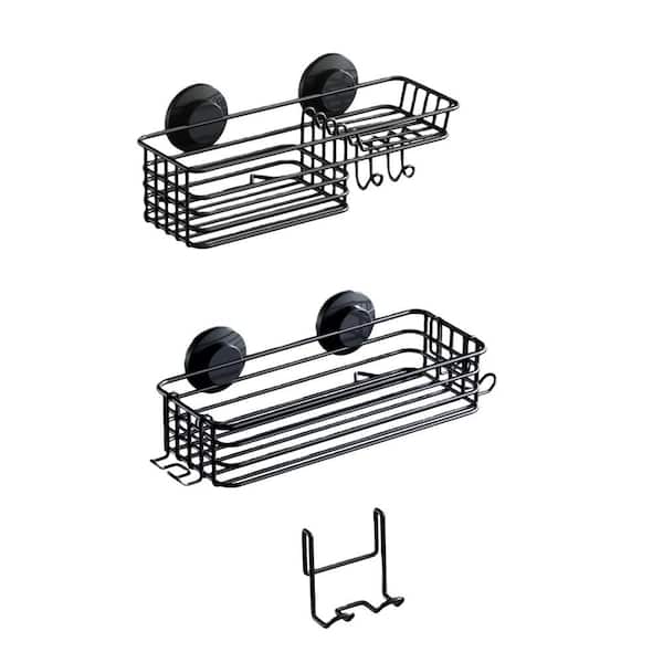 2-Pack NO-Drilling Rustproof Meatl Shower Storage Caddy for Inside Shower with Suction Cup, Hooks and Soap Holder, Black