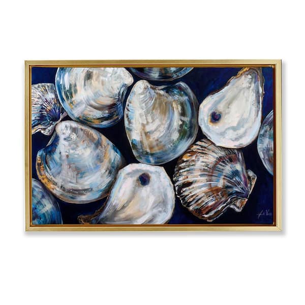 Stupell Industries Seashell Shore Finds by Jeanette Vertentes Gold Floater Frame Coastal Graphic Art Print 21 in. x 31 in.