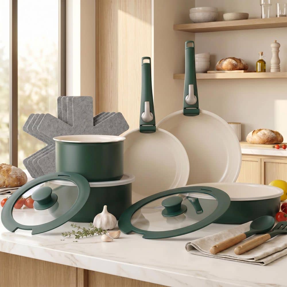 18 Piece Aluminum Ceramic Nonstick Detachable Handle Cookware Set in Hunter Green price history on PriceWatchPro