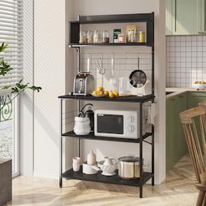 Black 5-Shelf Wood 31.5 in. Kitchen Baker's Rack with Microwave Oven Stand, Storage Shelves and 8 S-Hooks