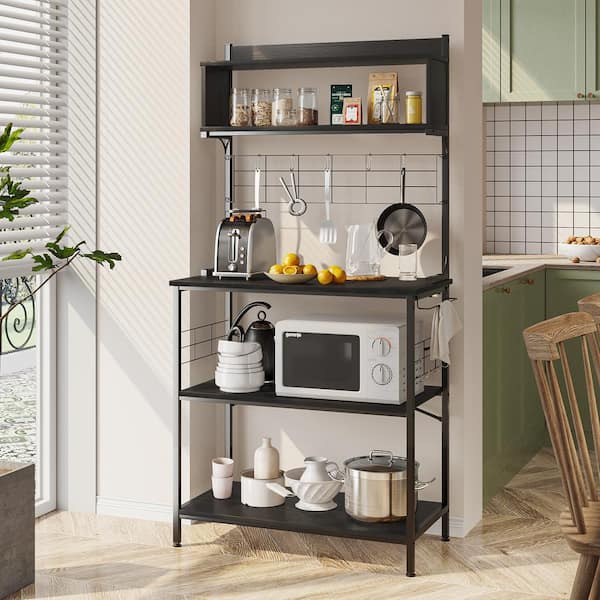 Bestier Black 5-Shelf Wood 31.5 in. Kitchen Baker's Rack with Microwave Oven Stand, Storage Shelves and 8 S-Hooks
