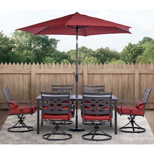 Montclair 7-Piece Steel Outdoor Dining Set with Chili Red Cushions, 6 Swivel Rockers, 40 in. x 66 in. Table and Umbrella