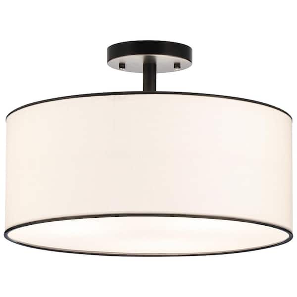 Merra 18 in. 3-Light Antique Bronze Semi-Flush Mount with White Fabric Drum Shade