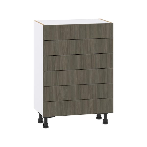 J COLLECTION 24 in. W x 34.5 in. H x 14 in. D Medora textured Slab Walnut Assembled Shallow Base Kitchen Cabinet with 6 Drawers