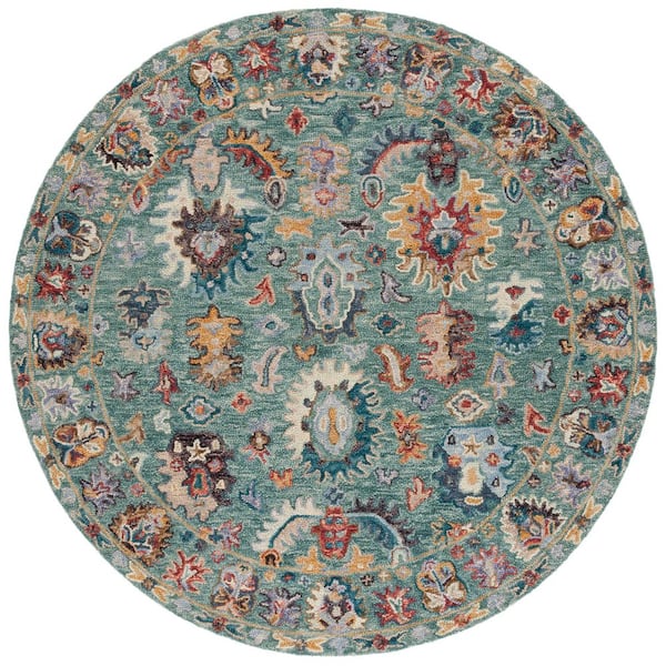 Blossom 6 ft. x 6 ft. Round Blue/Rust Abstract Border Floral Area Rug