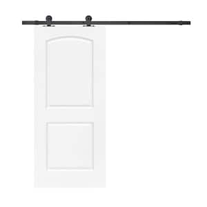 30 in. x 80 in. White Primed Composite MDF 2 Panel Round Top Interior Sliding Barn Door with Hardware Kit