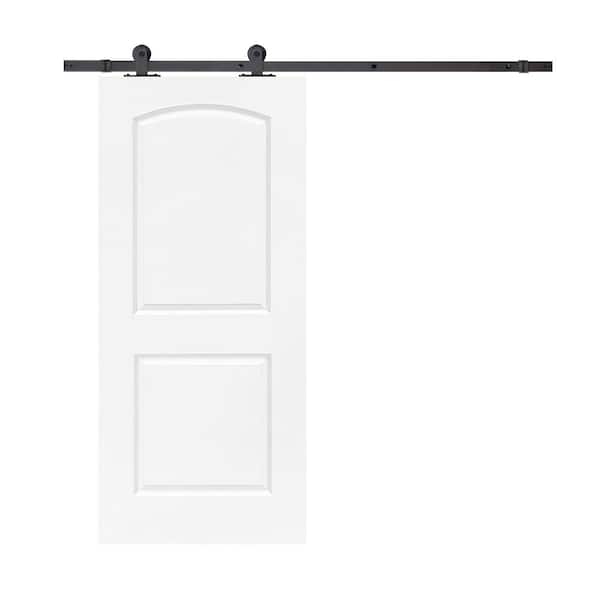 CALHOME 30 in. x 80 in. White Primed Composite MDF 2 Panel Round Top Interior Sliding Barn Door with Hardware Kit