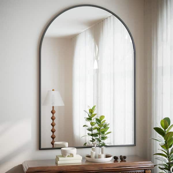 Morden Black 32 in. W x 48 in. H Arched Aluminum Alloy Frame Vanity Wall Mirror