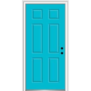 32 in. x 80 in. 6-Panel Left-Hand/Inswing Bahama Blue Fiberglass Prehung Front Door with 4-9/16 in. Jamb Size