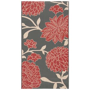 Courtyard Anthracite/Red 3 ft. x 5 ft. Floral Indoor/Outdoor Patio  Area Rug