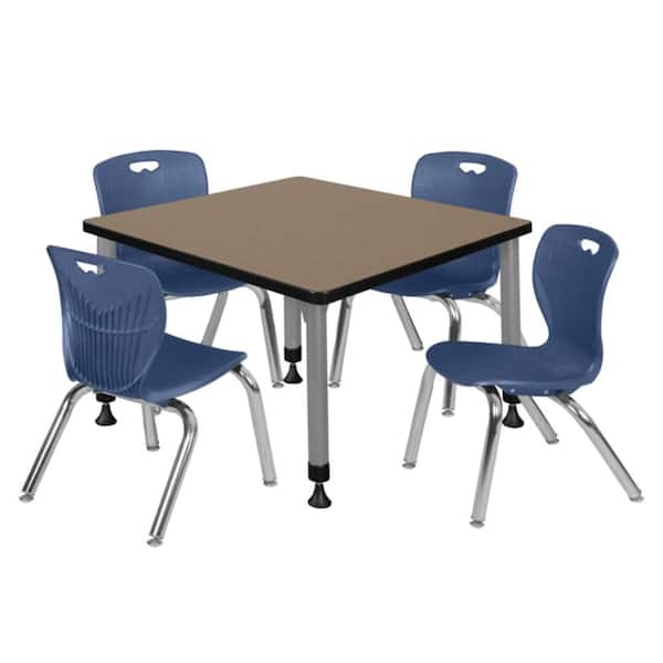 Kee 30 in. Square Noble Oak Adjustable Classroom Table Desk with Grey Base and 4 Andy 12 in. Blue Stack Chairs