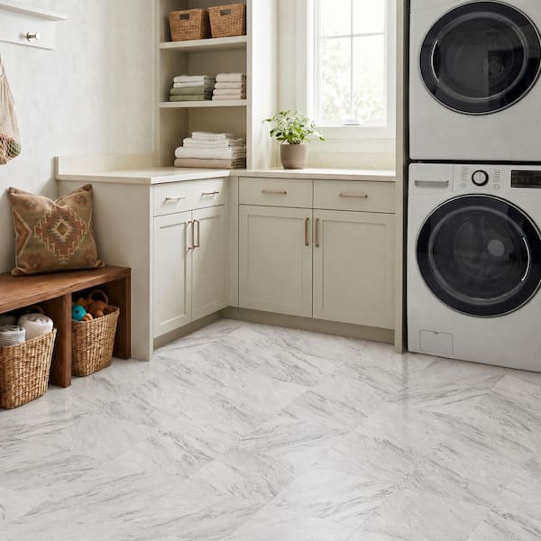 Carrara Marble 4 MIL x 12 in. W x 12 in. L Peel and Stick Water Resistant Vinyl Tile Flooring (30 sqft/case)