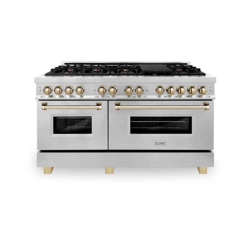 Autograph Edition 60 in. 9 Burner Double Oven Dual Fuel Range in Stainless Steel and Polished Gold -  ZLINE Kitchen and Bath, RAZ-60-G