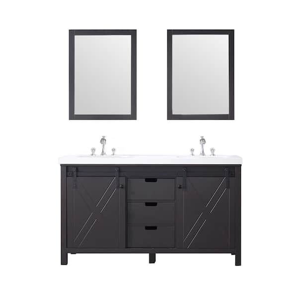 Marsyas 60 in W x 22 in D Brown Double Bath Vanity, White Quartz Countertop, Faucet Set and 24 in Mirrors