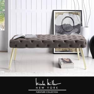 Shannyn Taupe/Gold Velvet Bench with Button Tufted Metal Leg