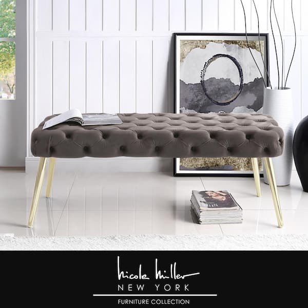 Nicole Miller Shannyn Taupe/Gold Velvet Bench with Button Tufted Metal Leg