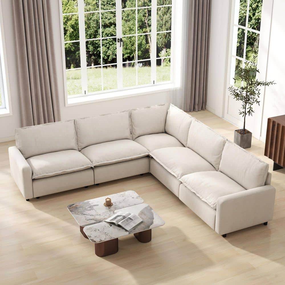 107.48 in. Square Arm 5-Piece Linen L-Shaped Oversized Sectional Sofa Living Room Couch with Removeble Cushion in Beige