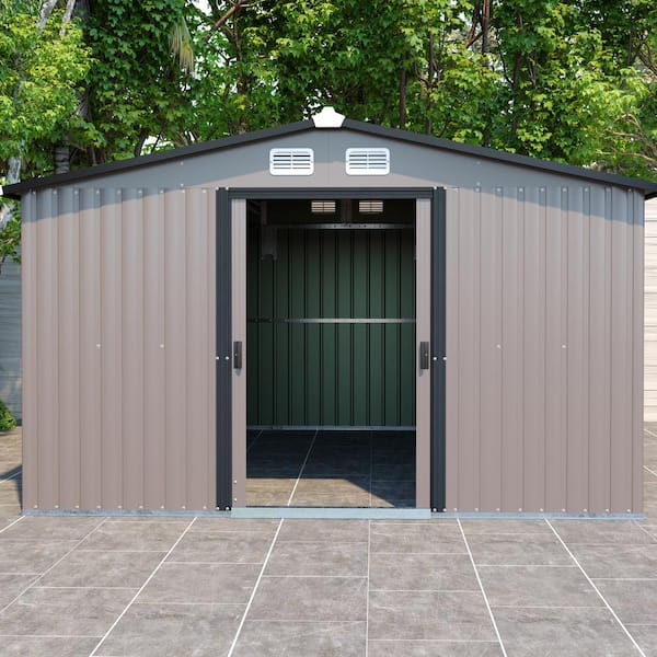 Unbranded Brown 10 ft. x 12 ft. Metal Shed Outdoor Storage, with Lockable for Backyard Patio, Lawn and Garden (120 sq. ft.)