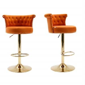 32 in. Modern Orange Velvet Swivel High Back Adjustable Height Metal Barstools Set of 2